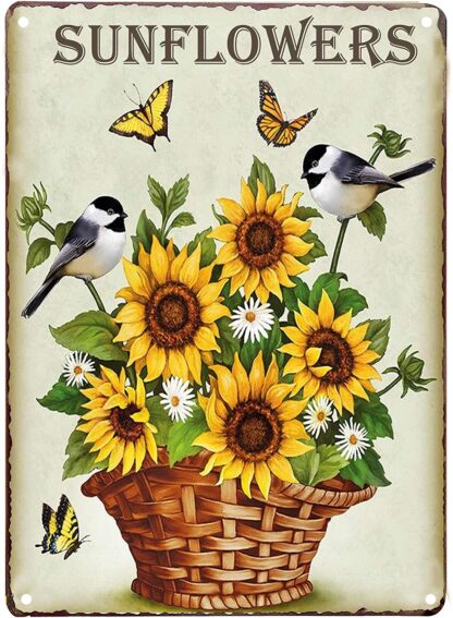 8X12Inch Sunflowers Butterfly and Birds Retro Vintage Tin Sign Country Home Wall Decor Signs Gifts Decoration