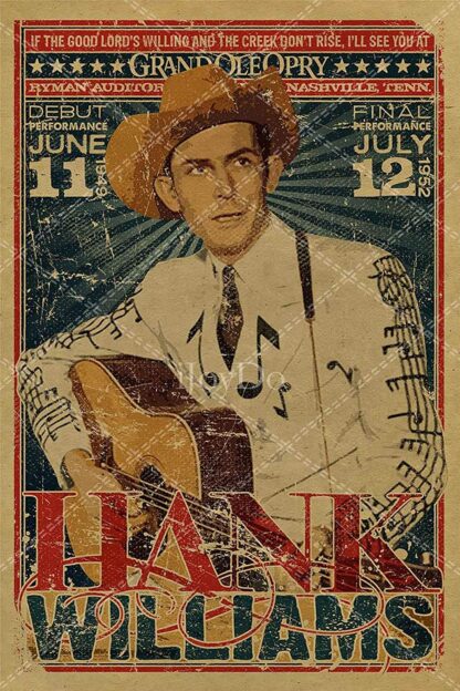 8X12 inches Hank Williams Country Music Retro Tin Sign Metal Sign Vintage Plaque Metal Plate Signage Metal Poster Wall Decor for Men's Cave Music Bar Pub