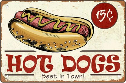 8x12 Inch Retro Metal Tin Sign Hot Dogs Best in Town, Home, Restaurant, Hot Dog Shop Wall Decoration