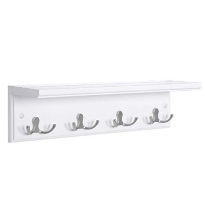 White Entryway Hanging Coat Rack, Wall-Mounted Wooden Shelf, with 4 Double Hooks, Wall Floating Shelf - Image 9