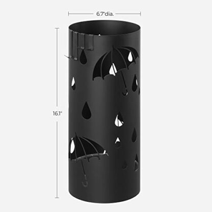 Black Umbrella Holder, Umbrella Stand for Entryway, Steel Umbrella Rack with a Removable Drip Tray and 4 Hooks, 6.7 Dia. x 16.1 Inches - Image 4