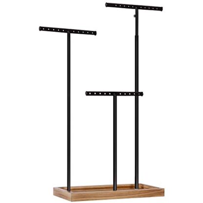 Rustic Brown and Black 2-in-1 Jewelry Display Stand Holder, Jewelry Rack Tree with 3 T-Shape Metal Bars with Holes, Storage Tray, Adjustable, Long Necklace Bracelet - Image 9