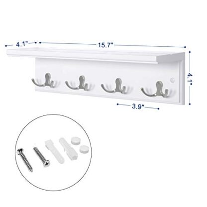 White Entryway Hanging Coat Rack, Wall-Mounted Wooden Shelf, with 4 Double Hooks, Wall Floating Shelf - Image 3