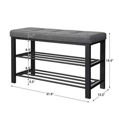 Dark Gray+black Shoe Bench, 3-Tier Shoe Rack for Entryway, Storage Organizer with Foam Padded Seat, Linen, Metal Frame, for Living Room, Hallway - Image 2