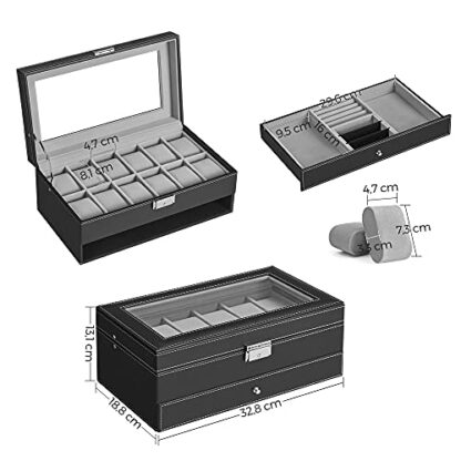 Black + Gray 12-Slot Watch Box, Watch Organizer, Lockable Jewelry Display Case with Real Glass Top, Black Synthetic Leather, Gray Lining - Image 5