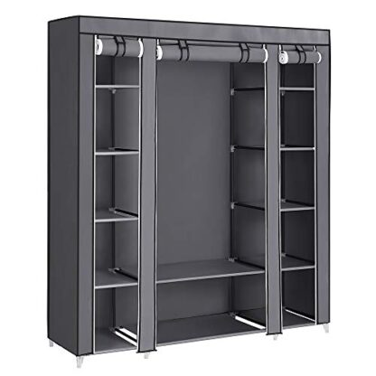 Grey 59-Inch Portable Closet Wardrobe, Closet Storage Organizer with Shelves and Cover for Hanging Clothes, Non-Woven Fabric - Image 8