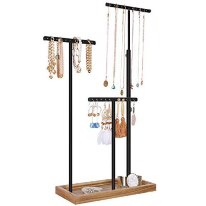 Rustic Brown and Black 2-in-1 Jewelry Display Stand Holder, Jewelry Rack Tree with 3 T-Shape Metal Bars with Holes, Storage Tray, Adjustable, Long Necklace Bracelet - Image 2