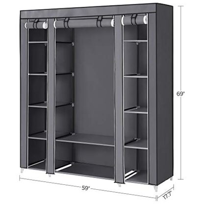 Grey 59-Inch Portable Closet Wardrobe, Closet Storage Organizer with Shelves and Cover for Hanging Clothes, Non-Woven Fabric - Image 3