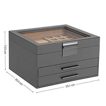 Gray Jewelry Box with Glass Lid, 3-Layer Jewelry Organizer with 2 Drawers, Gift for Loved Ones - Image 2