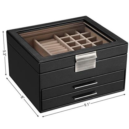 Black Jewelry Box with Glass Lid,3-Layer Jewelry Organizer with 2 Drawers, for Loved Ones - Image 5