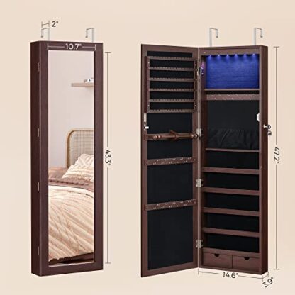 Brown 6 LEDs Mirror Jewelry Cabinet Lockable 47.2" H Wall/Door Mounted Jewelry Armoire Organizer, 2 Drawers - Image 3