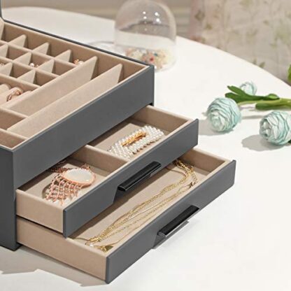 Gray Jewelry Box with Glass Lid, 3-Layer Jewelry Organizer with 2 Drawers, Gift for Loved Ones - Image 4