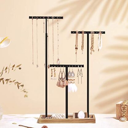 Rustic Brown and Black 2-in-1 Jewelry Display Stand Holder, Jewelry Rack Tree with 3 T-Shape Metal Bars with Holes, Storage Tray, Adjustable, Long Necklace Bracelet - Image 8