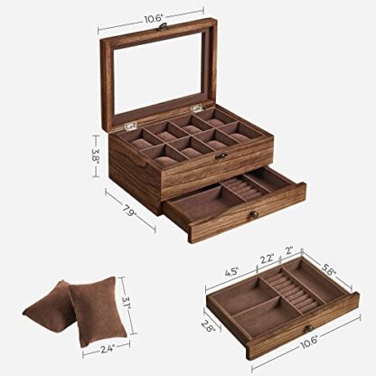 8-Slot Rustic Walnut Solid Wood Watch Box, Watch Case with Pillows, Glass Lid, for Men - Image 3