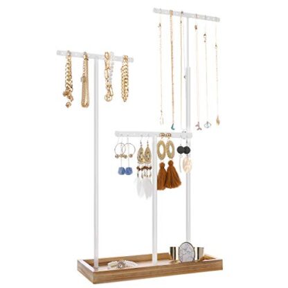 Rustic Brown and White 2-in-1 Jewelry Display Stand Holder, Jewelry Rack Tree with 3 T-Shape Metal Bars with Holes, Storage Tray, Adjustable, Long Necklace Bracelet - Image 2