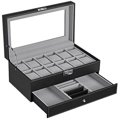 Black + Gray 12-Slot Watch Box, Watch Organizer, Lockable Jewelry Display Case with Real Glass Top, Black Synthetic Leather, Gray Lining - Image 9