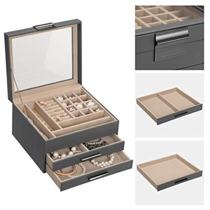 Gray Jewelry Box with Glass Lid, 3-Layer Jewelry Organizer with 2 Drawers, Gift for Loved Ones - Image 3