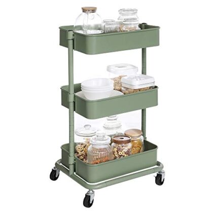 3-Tier Olive Green Metal Rolling Cart, Utility Cart, Kitchen Cart with Adjustable Shelves, Storage Trolley with 2 Brakes, Easy Assembly, for Kitchen - Image 4