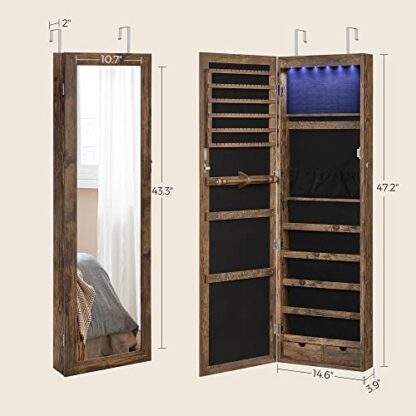 Rustic Brown 6 LEDs Mirror Jewelry Cabinet Lockable 47.2" H Wall/Door Mounted Jewelry Armoire Organizer, 2 Drawers - Image 3