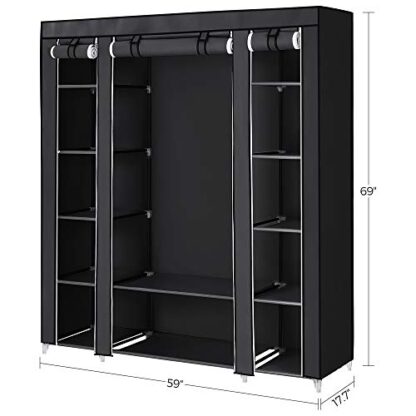 Black 59-Inch Portable Closet Wardrobe, Closet Storage Organizer with Shelves and Cover for Hanging Clothes, Non-Woven Fabric - Image 4