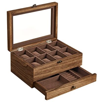 8-Slot Rustic Walnut Solid Wood Watch Box, Watch Case with Pillows, Glass Lid, for Men - Image 9