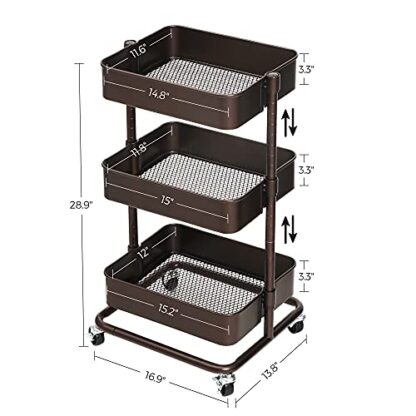 3-Tier Bronze Metal Rolling Cart, Utility Cart, Kitchen Cart with Adjustable Shelves, Storage Trolley with 2 Brakes, Easy Assembly, for Kitchen - Image 5