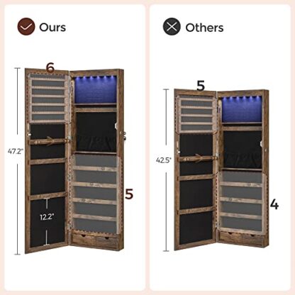 Rustic Brown 6 LEDs Mirror Jewelry Cabinet Lockable 47.2" H Wall/Door Mounted Jewelry Armoire Organizer, 2 Drawers - Image 2