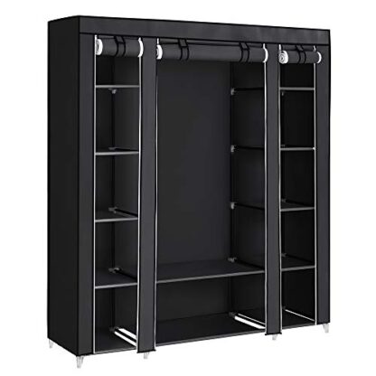 Black 59-Inch Portable Closet Wardrobe, Closet Storage Organizer with Shelves and Cover for Hanging Clothes, Non-Woven Fabric - Image 8