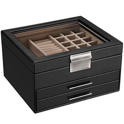 Black Jewelry Box with Glass Lid,3-Layer Jewelry Organizer with 2 Drawers, for Loved Ones - Image 10