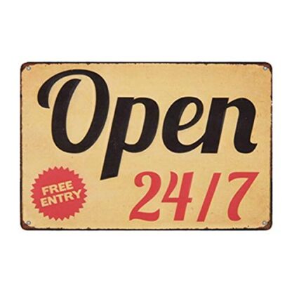 8x12 inch Retro Metal Tin Sign Vintage Open 24/7 Free Entry Aluminum Sign for Home Coffee Wall Decor