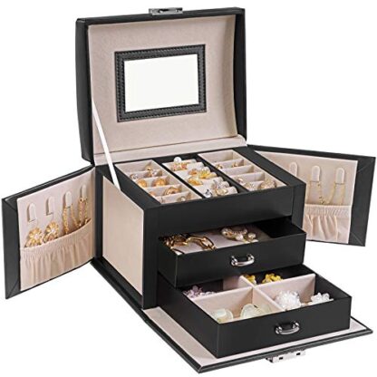 Black Jewelry Box, Travel Jewelry Case, Compact Jewelry Organizer with 2 Drawers, Mirror, Lockable with Keys, 6.9 x 5.3 x 4.7 Inches, Gift Idea - Image 5