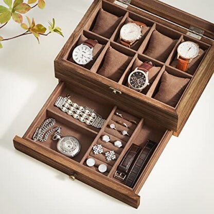 8-Slot Rustic Walnut Solid Wood Watch Box, Watch Case with Pillows, Glass Lid, for Men - Image 7