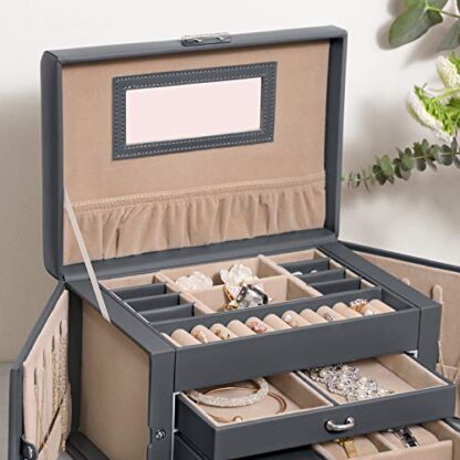 Gray Jewelry Box, Jewelry Organizer Case with 2 Drawers, Lockable with Mirror, Portable Travel Case, for Rings, Bracelets, Earrings, Necklaces - Image 6