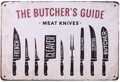 8" x 12" The Butcher's Guide Series Meat Knives Metal Tin Sign Retro Vintage Wall Plaque for Restaurant Kitchen Farmhouse Wall Decor