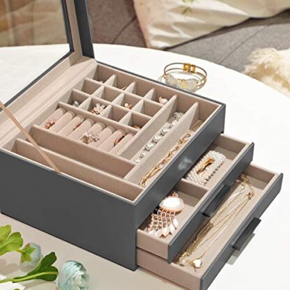 Gray Jewelry Box with Glass Lid, 3-Layer Jewelry Organizer with 2 Drawers, Gift for Loved Ones - Image 5