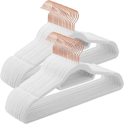 50 Pack White Velvet Hangers, Non-Slip Clothes Hanger with Rose Gold Color Swivel Hook, 0.2-Inch Thick and Space Saving, 17.7-Inch Long for Coat