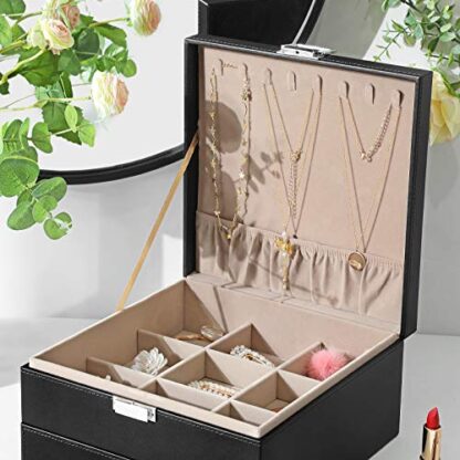 Black Jewelry Box, 3 Layers Jewelry Organizer with Removable Tray, Drawer, for Necklaces, Earrings, Rings - Image 2