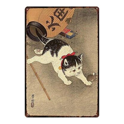 8x12 Inch Tin Sign Japanese Samurai Cat Tattoo Pet Cat Sign Metal Animal Tin Sign Vintage Dishes for Home Wall Art Retro Decor