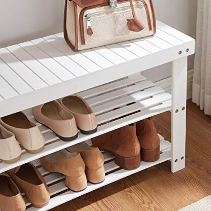 White Bamboo Shoe Bench, Shoe Rack, Stable Shoe Organizer for Entryway, Living Room, Bedroom, Storage Shelf, Loads up to 264 lb - Image 3