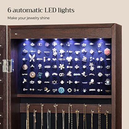 Brown 6 LEDs Mirror Jewelry Cabinet Lockable 47.2" H Wall/Door Mounted Jewelry Armoire Organizer, 2 Drawers - Image 5