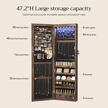 Rustic Brown 6 LEDs Mirror Jewelry Cabinet Lockable 47.2" H Wall/Door Mounted Jewelry Armoire Organizer, 2 Drawers - Image 4