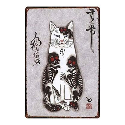 8x12 Inch Tin Sign Japanese Samurai Cat Tattoo Pet Cat Sign Metal Animal Tin Sign Vintage Dishes for Home Wall Art Retro Decor