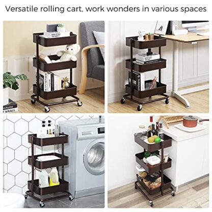 3-Tier Bronze Metal Rolling Cart, Utility Cart, Kitchen Cart with Adjustable Shelves, Storage Trolley with 2 Brakes, Easy Assembly, for Kitchen - Image 7