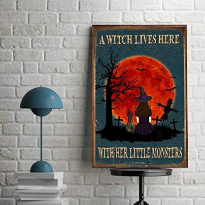 8x12 inch Custom Metal Sign for Business Cat Metal Sign A Witch Lives Here with Her Little Monsters Halloween Decor Girl and Cat Halloween Metal Sign