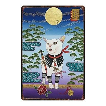 8x12 Inch Tin Sign Japanese Samurai Cat Tattoo Pet Cat Sign Metal Animal Tin Sign Vintage Dishes for Home Wall Art Retro Decor