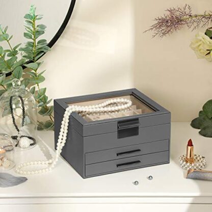 Gray Jewelry Box with Glass Lid, 3-Layer Jewelry Organizer with 2 Drawers, Gift for Loved Ones - Image 7