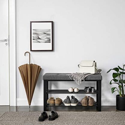 Dark Gray+black Shoe Bench, 3-Tier Shoe Rack for Entryway, Storage Organizer with Foam Padded Seat, Linen, Metal Frame, for Living Room, Hallway - Image 6