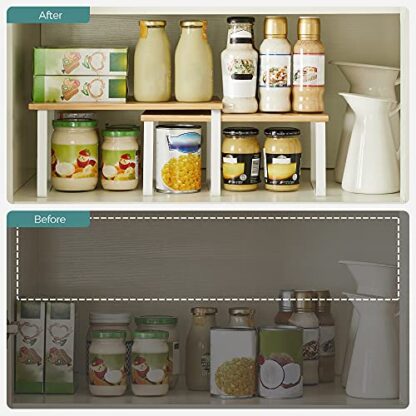 Set of 2 White + Natural Cabinet Shelf Organizers, Kitchen Counter Shelves, Stackable, Expandable, Metal and Bamboo - Image 5