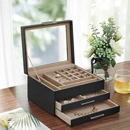 Black Jewelry Box with Glass Lid,3-Layer Jewelry Organizer with 2 Drawers, for Loved Ones - Image 9