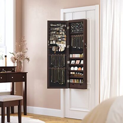 Brown 6 LEDs Mirror Jewelry Cabinet Lockable 47.2" H Wall/Door Mounted Jewelry Armoire Organizer, 2 Drawers - Image 2